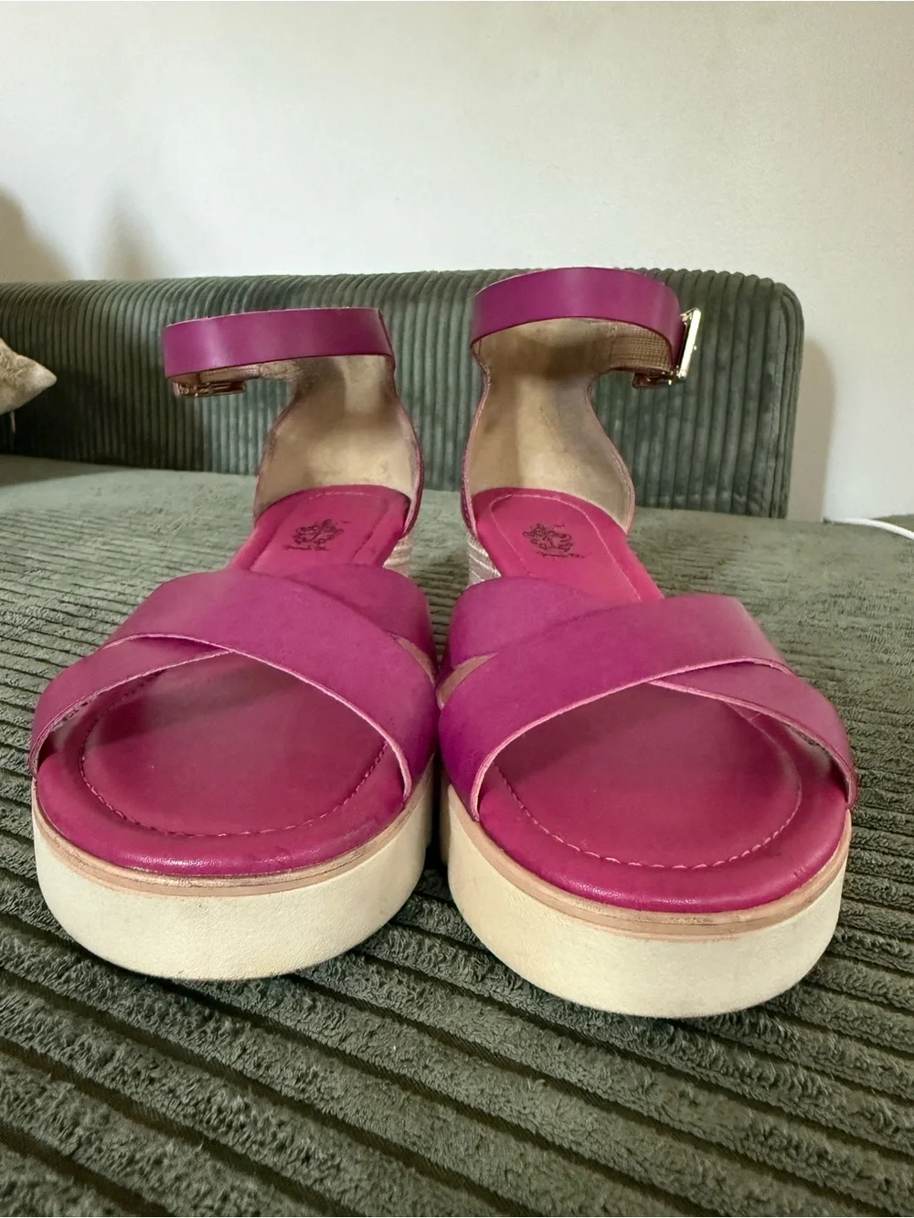 French Blu Magenta Ankle-Strap Wedge Sandals